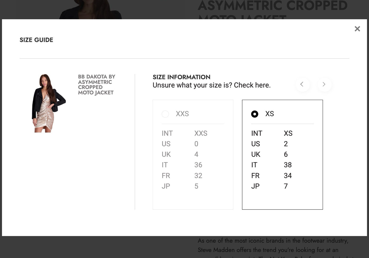 Size Chart functionality screenshot